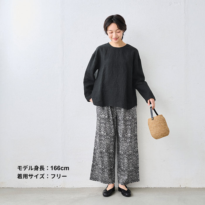 リバティプリントワイドパンツ ブラック×オフホワイト系(Lodden Wood)