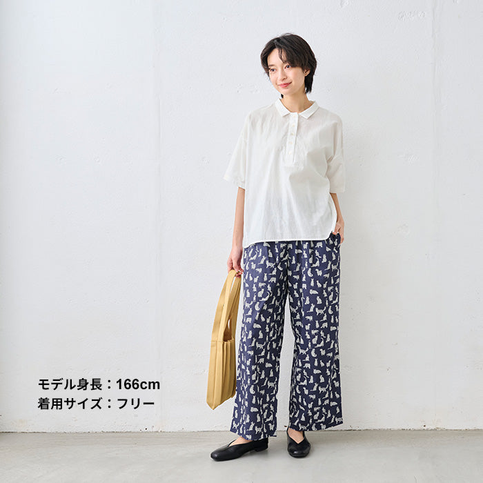 リバティプリントワイドパンツ ネイビー×オフホワイト系(Meow)