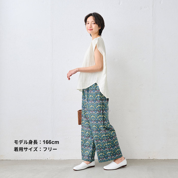 リバティプリントワイドパンツ ブルーネイビー×グリーン系(Strawberry Thief)