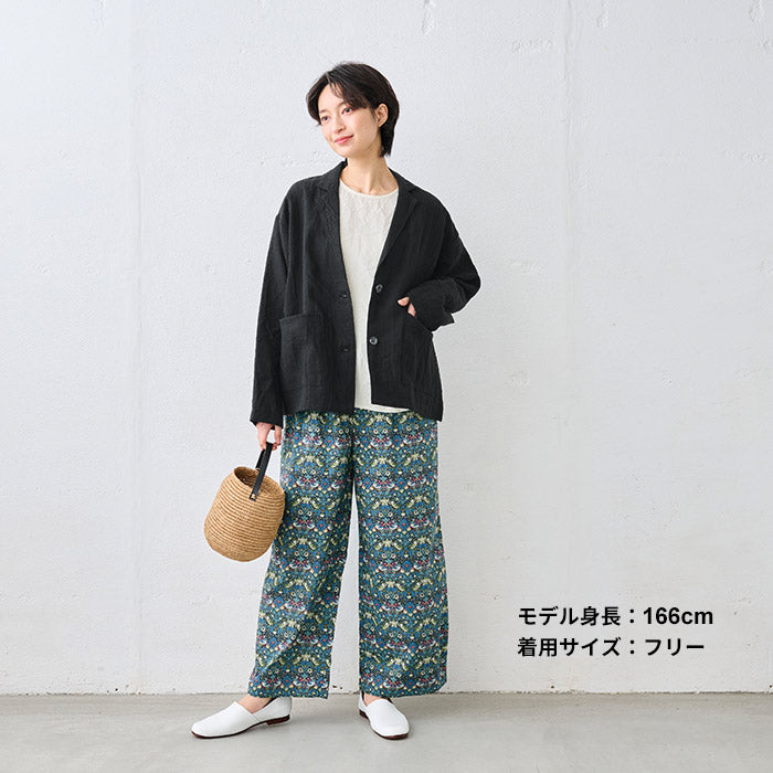 リバティプリントワイドパンツ ブルーネイビー×グリーン系(Strawberry Thief)