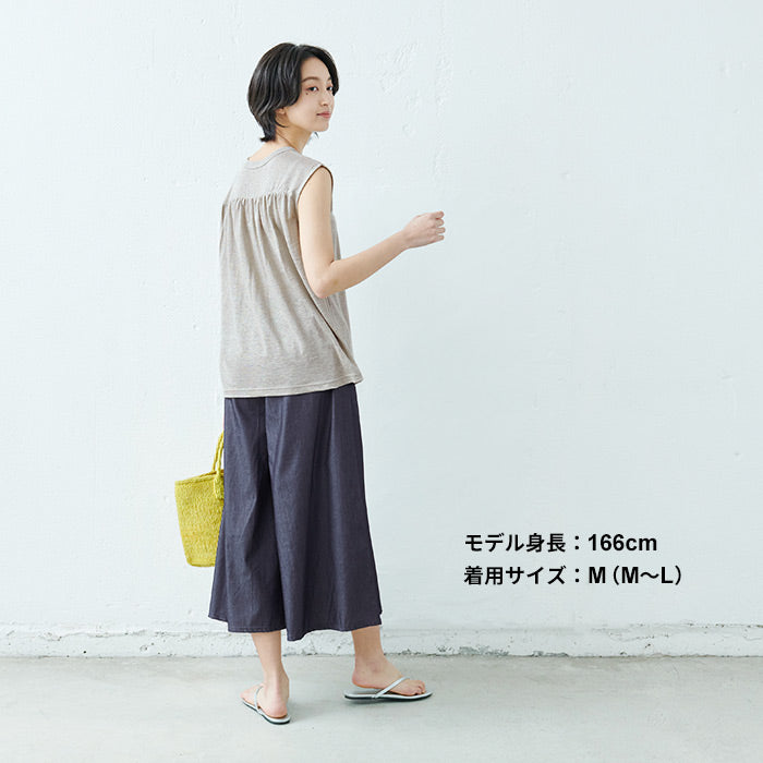 [リネンワイドパンツレディース]天然染めリネン100%へリンボンセミワイドパンツ/日本製40代50代60代30代ファッション女性夏涼しいリネンパンツレディース大きいサイズウエストゴム麻100％イージーパンツ薄手