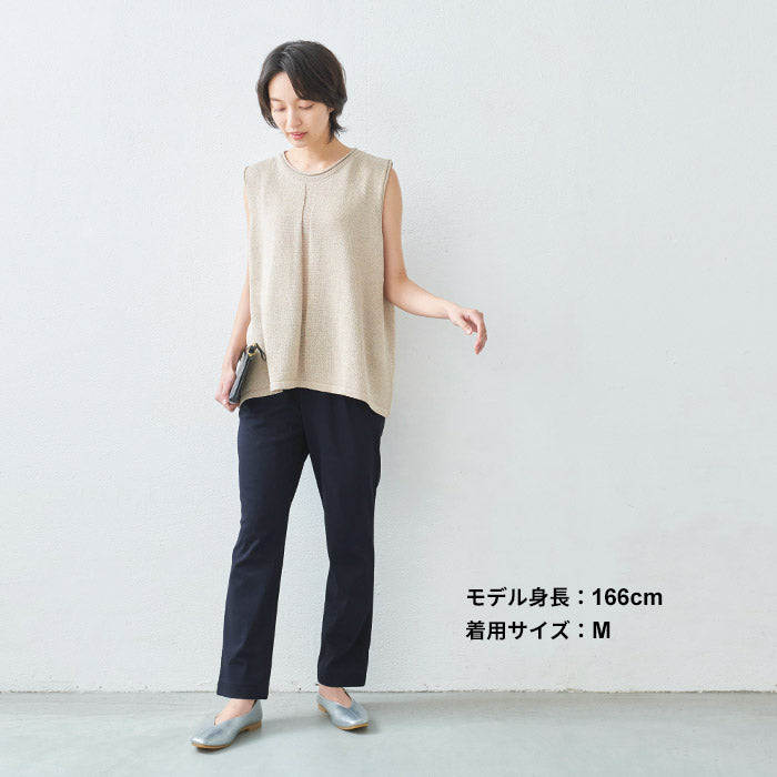 [接触冷感ストレッチパンツレディースストレートパンツ]強撚コットン100%ストレートパンツ/日本製40代50代60代30代女性夏涼しいきれいめ脚長美脚ウエストゴム綿100%テーパードパンツすっきり上品大人