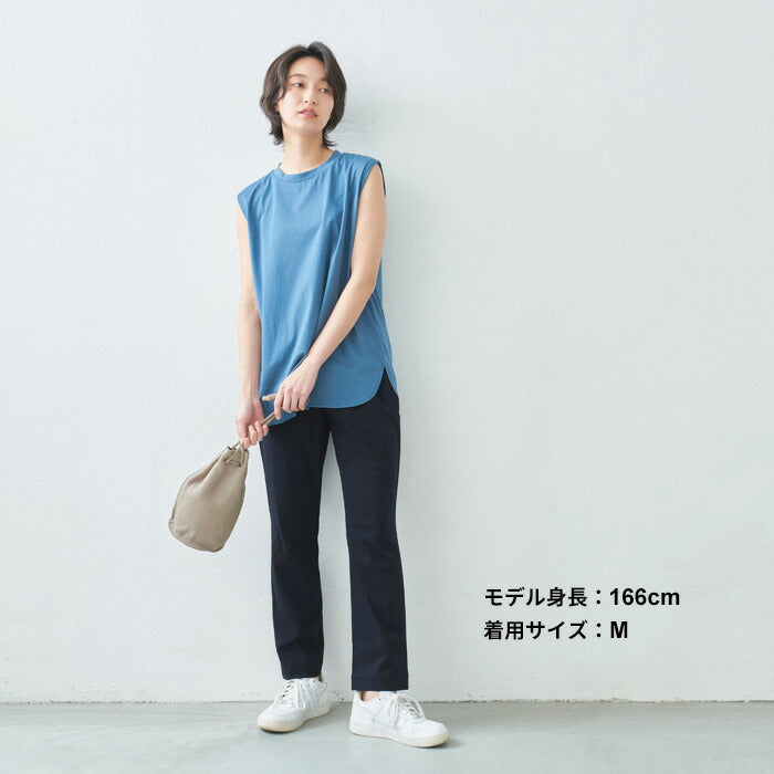 [接触冷感ストレッチパンツレディースストレートパンツ]強撚コットン100%ストレートパンツ/日本製40代50代60代30代女性夏涼しいきれいめ脚長美脚ウエストゴム綿100%テーパードパンツすっきり上品大人
