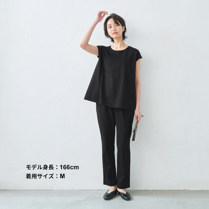 [接触冷感ストレッチパンツレディースストレートパンツ]強撚コットン100%ストレートパンツ/日本製40代50代60代30代女性夏涼しいきれいめ脚長美脚ウエストゴム綿100%テーパードパンツすっきり上品大人