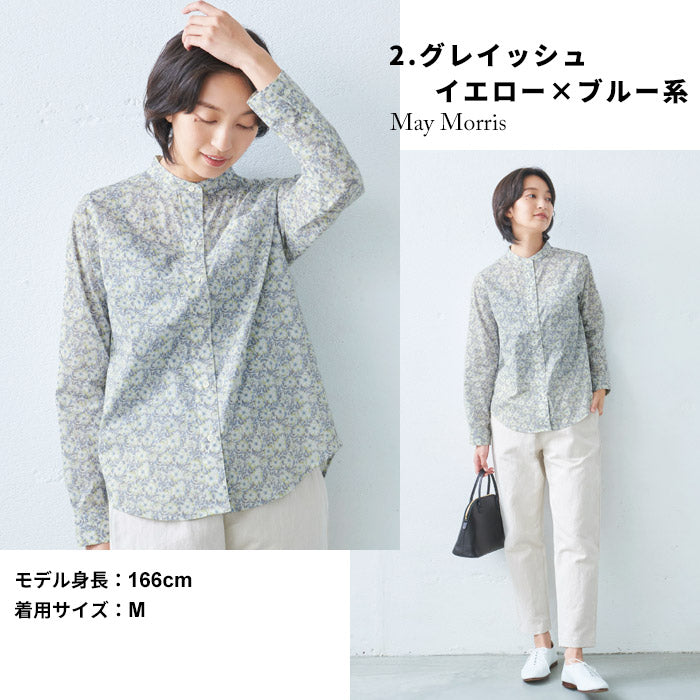 [シャツ長袖トップスレディース]リバティプリントバンドカラーシャツ/日本製40代50代30代女性リバティLIBERTYコットン100%綿100%きれいめ綿コットン花柄薄手すっきり羽織り総柄夏春春夏