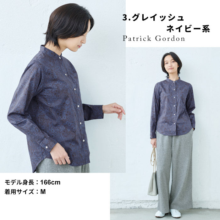 [シャツ長袖トップスレディース]リバティプリントバンドカラーシャツ/日本製40代50代30代女性リバティLIBERTYコットン100%綿100%きれいめ綿コットン花柄薄手すっきり羽織り総柄夏春春夏