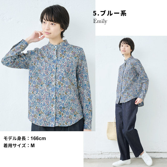 [シャツ長袖トップスレディース]リバティプリントバンドカラーシャツ/日本製40代50代30代女性リバティLIBERTYコットン100%綿100%きれいめ綿コットン花柄薄手すっきり羽織り総柄夏春春夏