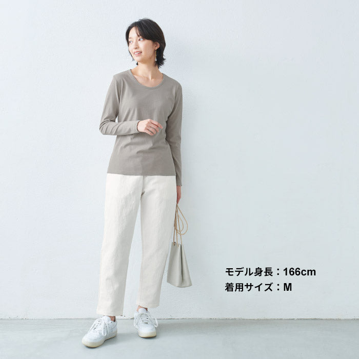 [Tシャツ長袖トップスレディース]プレミアムコットン100%長袖Tシャツ/日本製40代50代30代女性綿100％コットン100％きれいめインナー無地シンプルカジュアルナチュラル夏春春夏白T接触冷感