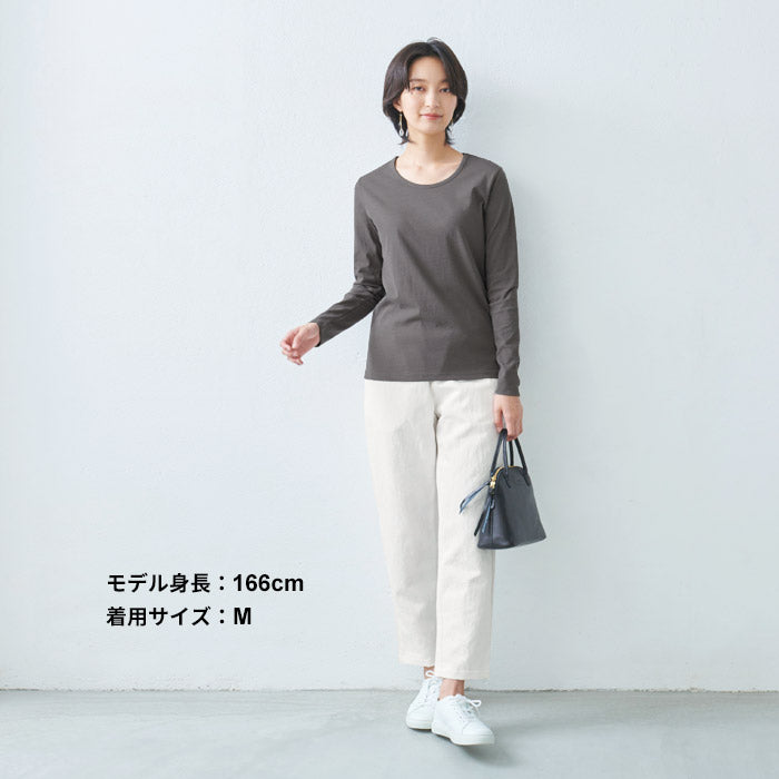 [Tシャツ長袖トップスレディース]プレミアムコットン100%長袖Tシャツ/日本製40代50代30代女性綿100％コットン100％きれいめインナー無地シンプルカジュアルナチュラル夏春春夏白T接触冷感