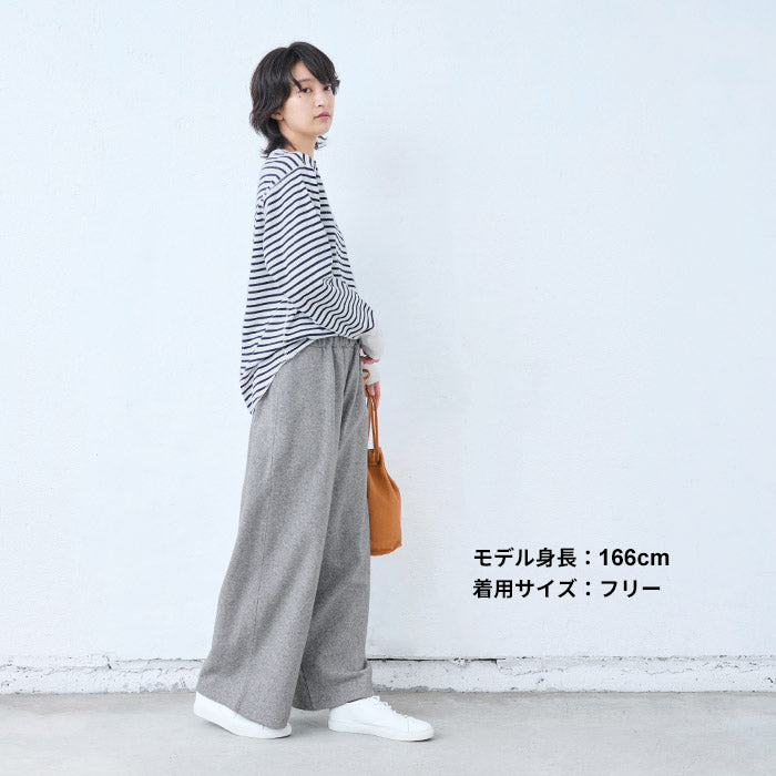 [パンツレディースウール]ラムウール圧縮ストレッチワイドパンツ/日本製40代50代60代30代女性厚手暖かいウール混着回しウエストゴムポケット付き体型カバーゆったり無地シンプルきれいめ大人秋冬