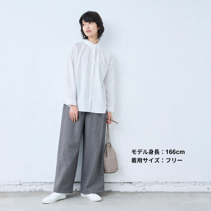 [パンツレディースウール]ラムウール圧縮ストレッチワイドパンツ/日本製40代50代60代30代女性厚手暖かいウール混着回しウエストゴムポケット付き体型カバーゆったり無地シンプルきれいめ大人秋冬