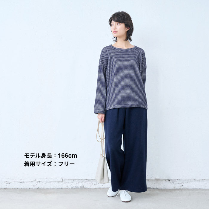 [パンツレディースウール]ラムウール圧縮ストレッチワイドパンツ/日本製40代50代60代30代女性厚手暖かいウール混着回しウエストゴムポケット付き体型カバーゆったり無地シンプルきれいめ大人秋冬