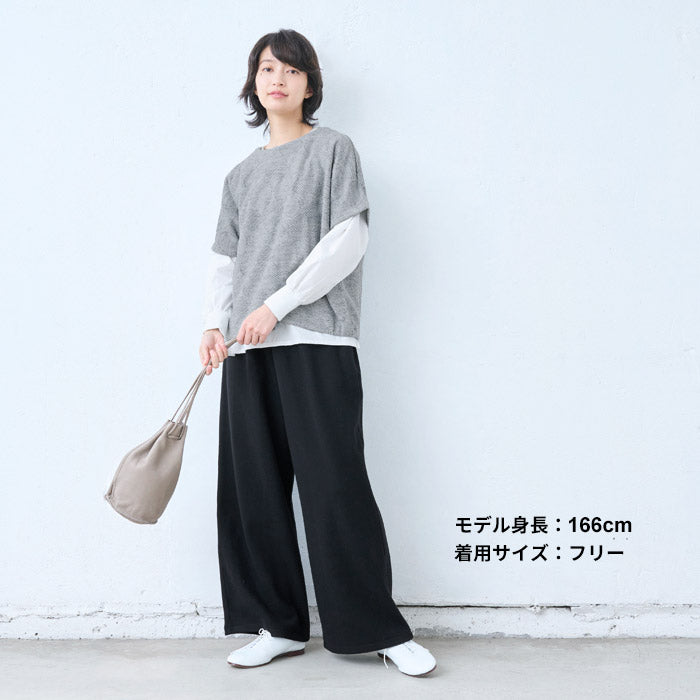 [パンツレディースウール]ラムウール圧縮ストレッチワイドパンツ/日本製40代50代60代30代女性厚手暖かいウール混着回しウエストゴムポケット付き体型カバーゆったり無地シンプルきれいめ大人秋冬