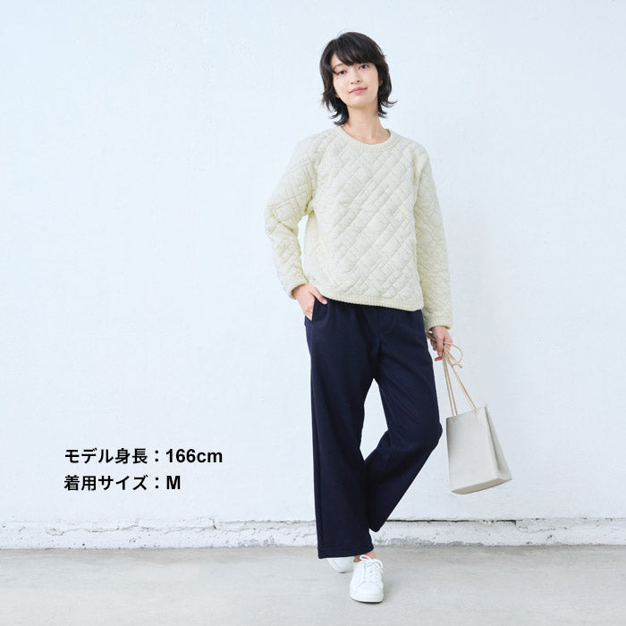 [パンツレディースウール]圧縮ウール100%セミワイドパンツ/日本製40代50代60代30代女性きれいめ厚手暖かい着回しウエストゴムポケット付き体型カバーゆったり無地大人秋冬