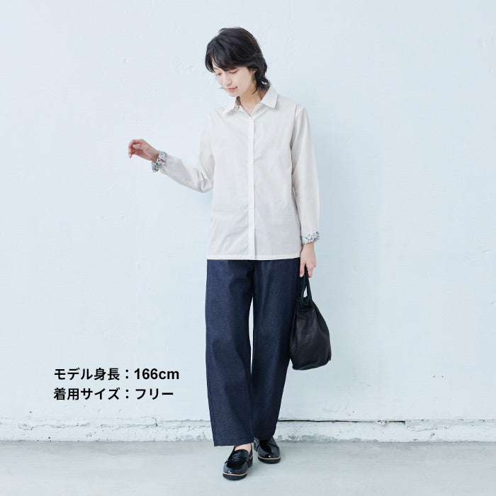 [ブラウスリバティプリント]リバティ使いオーガニックコットンシャツ/日本製40代50代60代30代女性ファッションおしゃれきれいめ襟付き長袖無地綿コットン天然素材オフィスフォーマル