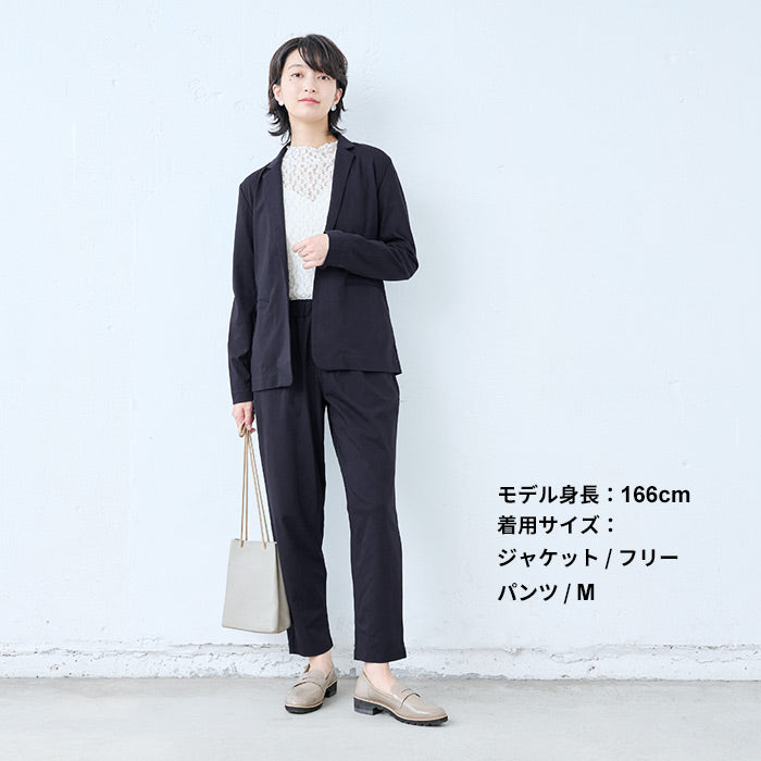 [パンツスーツ結婚式フォーマルミセススーツ50代]強撚糸コットン100％こなれテーラードジャケット+アンクルパンツ2点セット/日本製30代卒業式礼服母ウォッシャブル手洗い可能洗えるストレッチ40代入学式ママスーツ