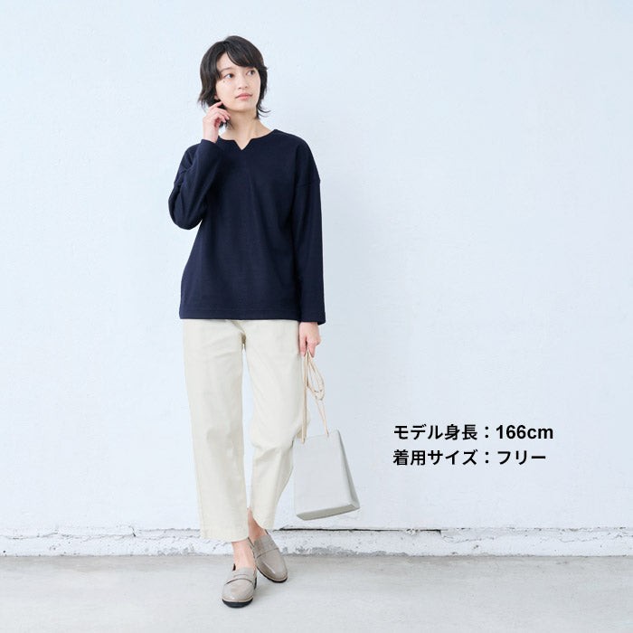 [フォーマルトップスレディースウール]圧縮ウール100%2WAYプルオーバー/日本製40代50代30代女性Vネックキーネックニット長袖無地厚手きれいめ上品シンプル冬服秋服