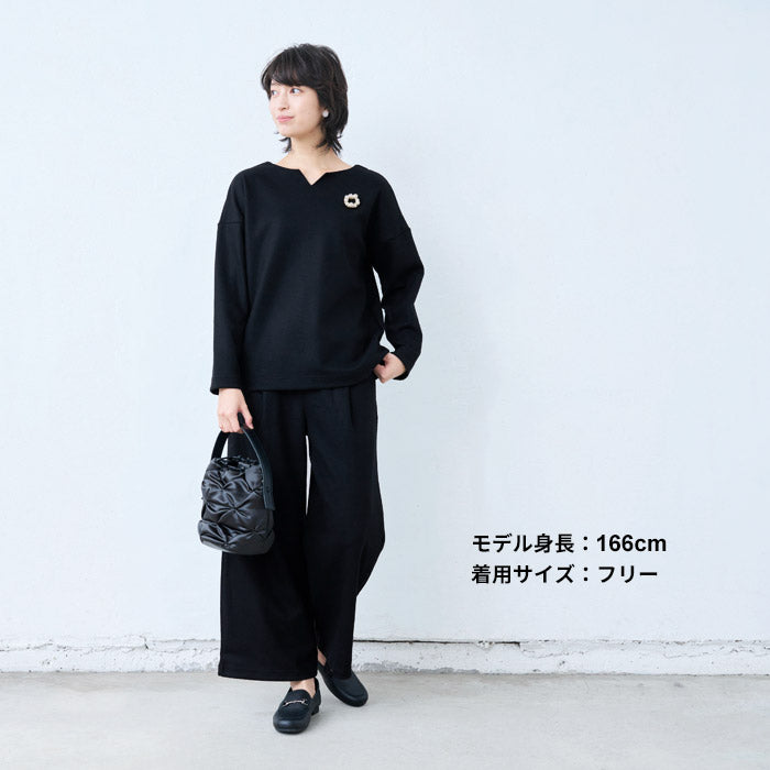 [フォーマルトップスレディースウール]圧縮ウール100%2WAYプルオーバー/日本製40代50代30代女性Vネックキーネックニット長袖無地厚手きれいめ上品シンプル冬服秋服