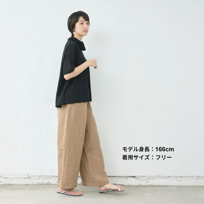 [パンツリネンレディース麻]ジャパンリネンストライプ二重織ワイドパンツ/日本製40代50代60代30代リネン100％麻100％きれいめゆったりウエストゴム春物春夏総ゴム体型カバーすっきり