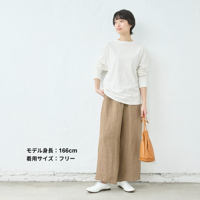 [パンツリネンレディース麻]ジャパンリネンストライプ二重織ワイドパンツ/日本製40代50代60代30代リネン100％麻100％きれいめゆったりウエストゴム春物春夏総ゴム体型カバーすっきり