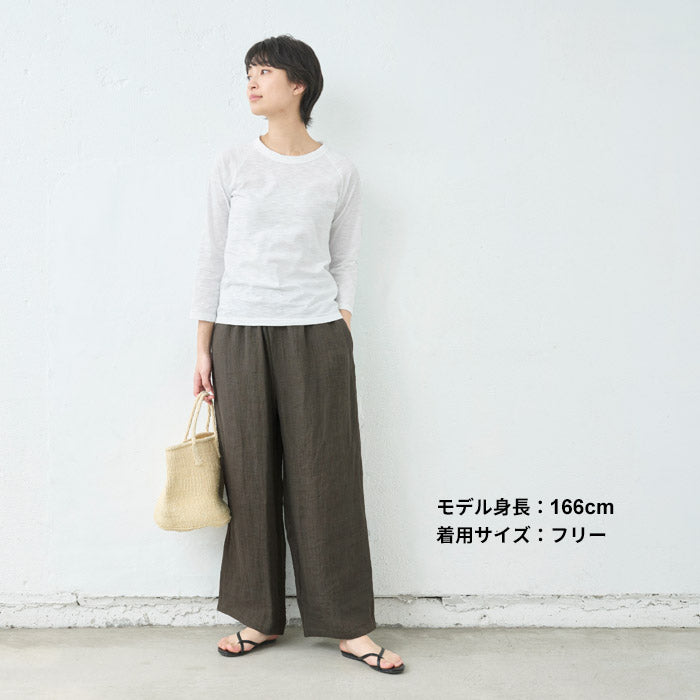 [パンツリネンレディース麻]ジャパンリネンストライプ二重織ワイドパンツ/日本製40代50代60代30代リネン100％麻100％きれいめゆったりウエストゴム春物春夏総ゴム体型カバーすっきり