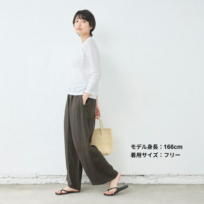 [パンツリネンレディース麻]ジャパンリネンストライプ二重織ワイドパンツ/日本製40代50代60代30代リネン100％麻100％きれいめゆったりウエストゴム春物春夏総ゴム体型カバーすっきり