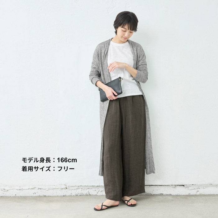 [パンツリネンレディース麻]ジャパンリネンストライプ二重織ワイドパンツ/日本製40代50代60代30代リネン100％麻100％きれいめゆったりウエストゴム春物春夏総ゴム体型カバーすっきり