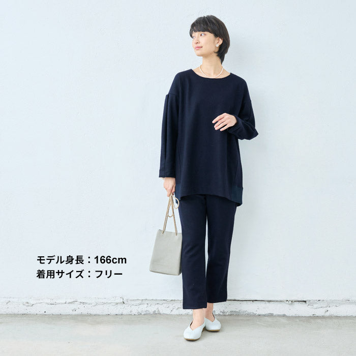 [フォーマルトップスレディースウール]圧縮ウール100%袖タックチュニック/日本製40代50代30代女性冬秋オフィス卒業式入学式ニット暖か長袖無地厚手きれいめ上品シンプル秋冬おしゃれ
