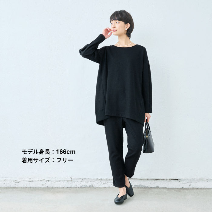 [フォーマルトップスレディースウール]圧縮ウール100%袖タックチュニック/日本製40代50代30代女性冬秋オフィス卒業式入学式ニット暖か長袖無地厚手きれいめ上品シンプル秋冬おしゃれ