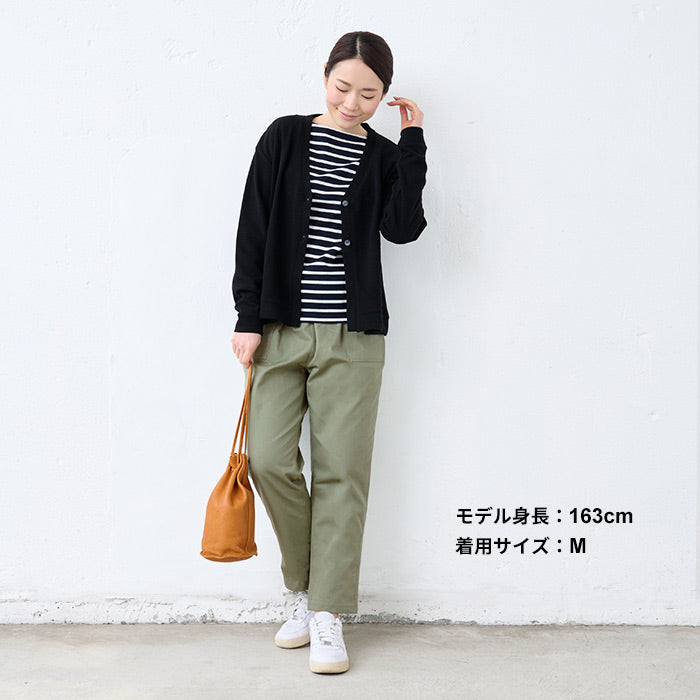 [ワイドパンツレディースコットン]ムラ糸ミニヘリンボンセミワイドベイカーパンツ/日本製40代50代60代30代女性ファッションウエストゴムコットン100％綿100%カジュアルポケット付春夏秋股下65