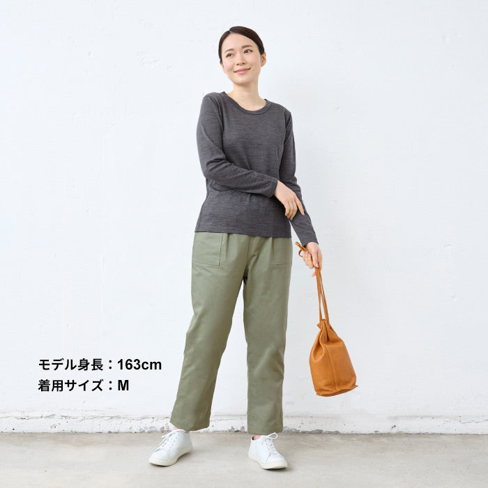 [ワイドパンツレディースコットン]ムラ糸ミニヘリンボンセミワイドベイカーパンツ/日本製40代50代60代30代女性ファッションウエストゴムコットン100％綿100%カジュアルポケット付春夏秋股下65