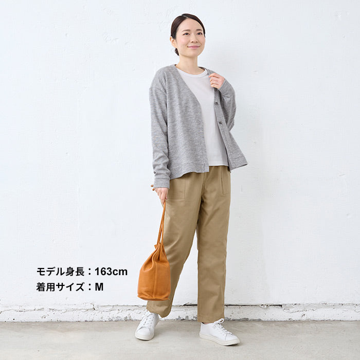 [ワイドパンツレディースコットン]ムラ糸ミニヘリンボンセミワイドベイカーパンツ/日本製40代50代60代30代女性ファッションウエストゴムコットン100％綿100%カジュアルポケット付春夏秋股下65