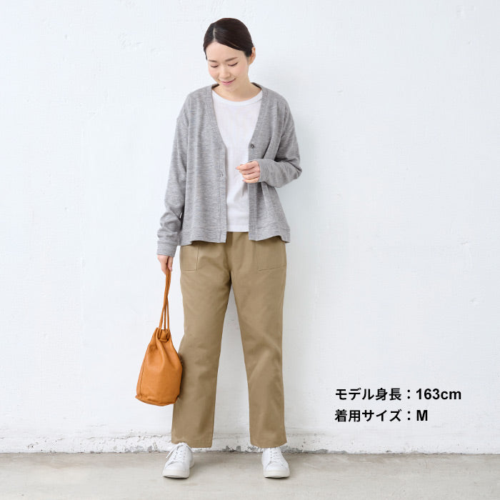 [ワイドパンツレディースコットン]ムラ糸ミニヘリンボンセミワイドベイカーパンツ/日本製40代50代60代30代女性ファッションウエストゴムコットン100％綿100%カジュアルポケット付春夏秋股下65