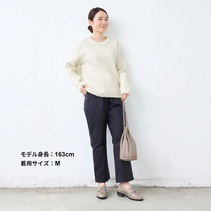 [ワイドパンツレディースコットン]ムラ糸ミニヘリンボンセミワイドベイカーパンツ/日本製40代50代60代30代女性ファッションウエストゴムコットン100％綿100%カジュアルポケット付春夏秋股下65