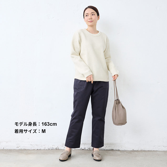 [ワイドパンツレディースコットン]ムラ糸ミニヘリンボンセミワイドベイカーパンツ/日本製40代50代60代30代女性ファッションウエストゴムコットン100％綿100%カジュアルポケット付春夏秋股下65