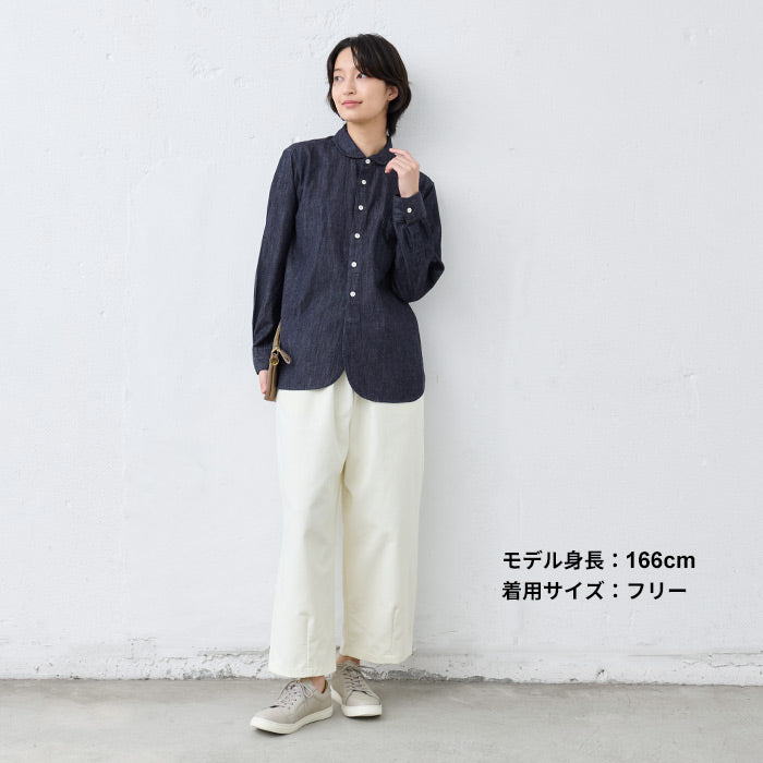 [デニムシャツレディース薄手岡山デニム]6ozデニムラウンドカラーシャツMANUALALPHABET/日本製40代50代60代30代女性ファッションインディゴ長袖6オンス丸襟ゆったり丸襟ブラウスカジュアル丸襟TNE-SH-168