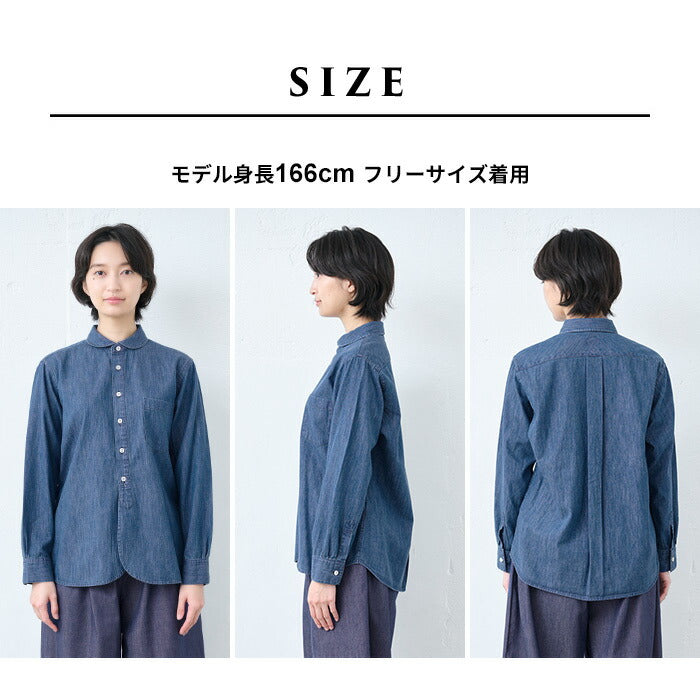 [デニムシャツレディース薄手岡山デニム]6ozデニムラウンドカラーシャツMANUALALPHABET/日本製40代50代60代30代女性ファッションインディゴ長袖6オンス丸襟ゆったり丸襟ブラウスカジュアル丸襟TNE-SH-168