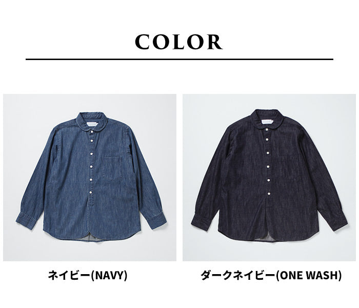 [デニムシャツレディース薄手岡山デニム]6ozデニムラウンドカラーシャツMANUALALPHABET/日本製40代50代60代30代女性ファッションインディゴ長袖6オンス丸襟ゆったり丸襟ブラウスカジュアル丸襟TNE-SH-168