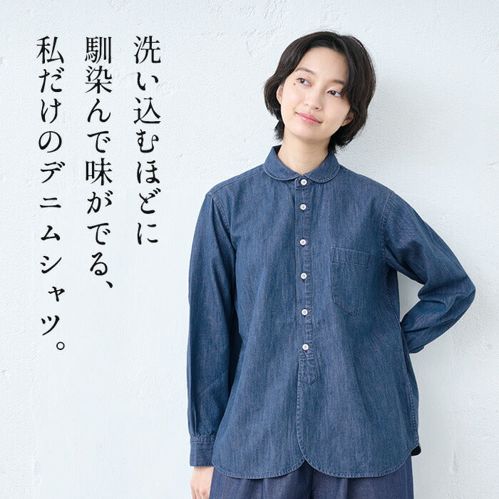 [デニムシャツレディース薄手岡山デニム]6ozデニムラウンドカラーシャツMANUALALPHABET/日本製40代50代60代30代女性ファッションインディゴ長袖6オンス丸襟ゆったり丸襟ブラウスカジュアル丸襟TNE-SH-168