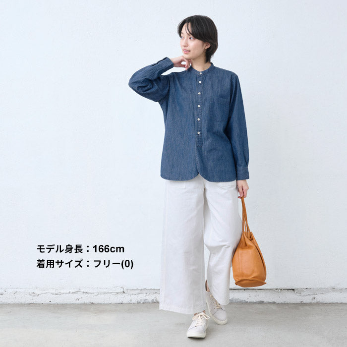 [デニムシャツレディース薄手岡山デニム]6ozデニムバンドカラーシャツMANUALALPHABET/日本製40代50代60代30代女性ファッションインディゴ長袖6オンスゆったりデニムカジュアルTNE-SH-167