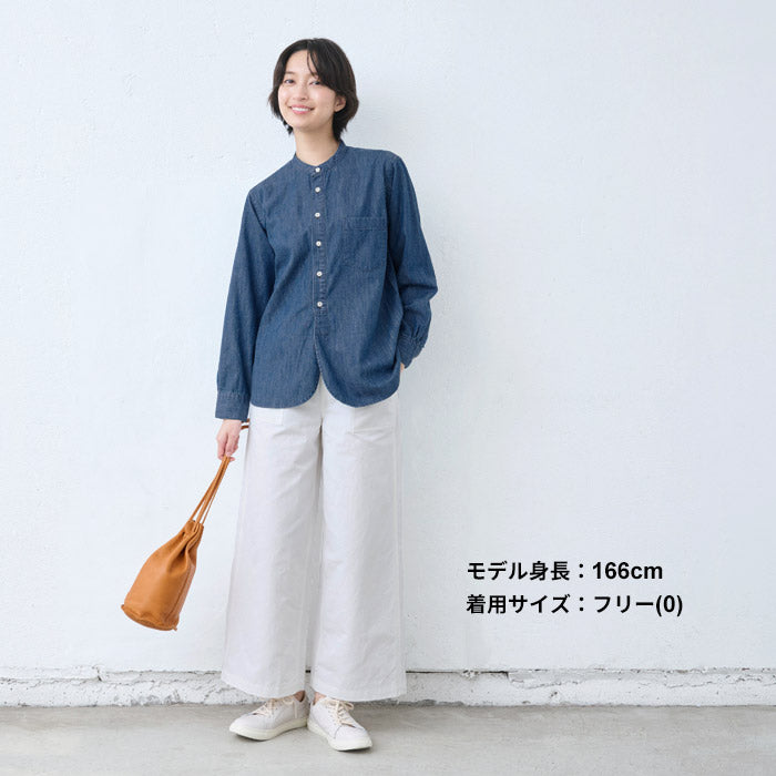 [デニムシャツレディース薄手岡山デニム]6ozデニムバンドカラーシャツMANUALALPHABET/日本製40代50代60代30代女性ファッションインディゴ長袖6オンスゆったりデニムカジュアルTNE-SH-167