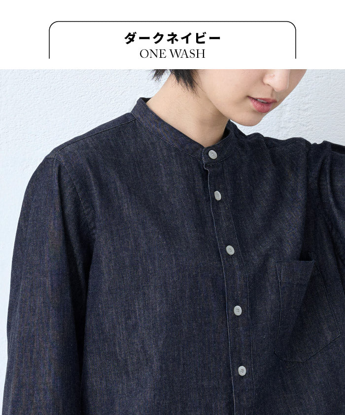 [デニムシャツレディース薄手岡山デニム]6ozデニムバンドカラーシャツMANUALALPHABET/日本製40代50代60代30代女性ファッションインディゴ長袖6オンスゆったりデニムカジュアルTNE-SH-167