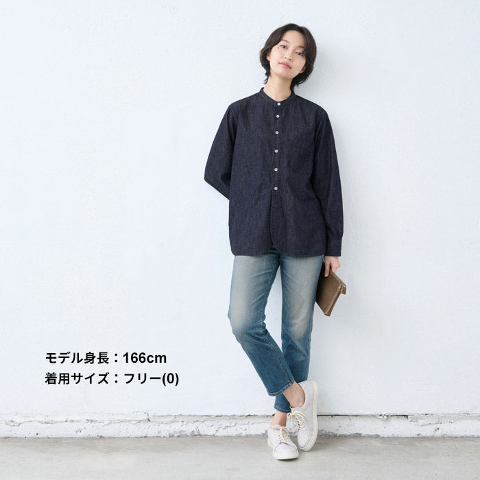 [デニムシャツレディース薄手岡山デニム]6ozデニムバンドカラーシャツMANUALALPHABET/日本製40代50代60代30代女性ファッションインディゴ長袖6オンスゆったりデニムカジュアルTNE-SH-167
