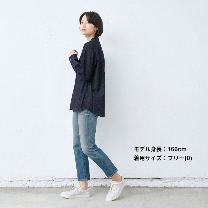 [デニムシャツレディース薄手岡山デニム]6ozデニムバンドカラーシャツMANUALALPHABET/日本製40代50代60代30代女性ファッションインディゴ長袖6オンスゆったりデニムカジュアルTNE-SH-167