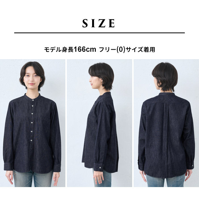 [デニムシャツレディース薄手岡山デニム]6ozデニムバンドカラーシャツMANUALALPHABET/日本製40代50代60代30代女性ファッションインディゴ長袖6オンスゆったりデニムカジュアルTNE-SH-167