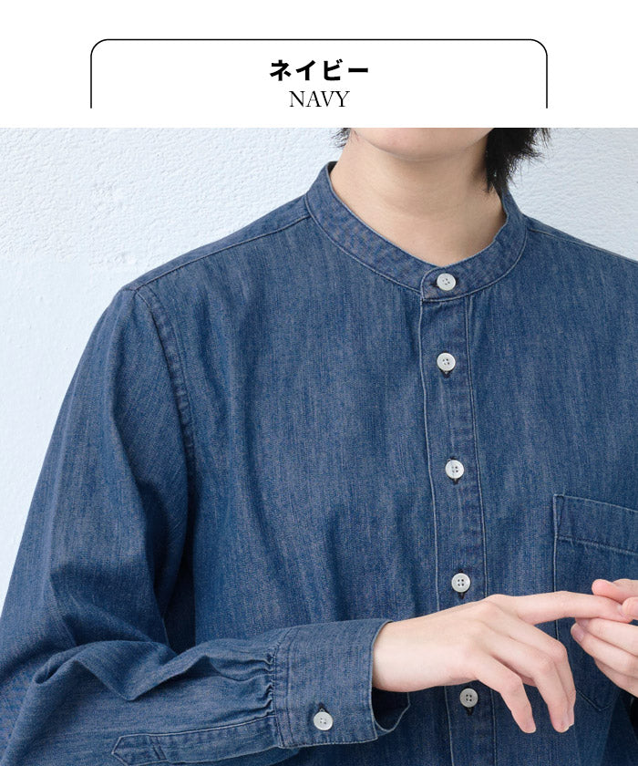 [デニムシャツレディース薄手岡山デニム]6ozデニムバンドカラーシャツMANUALALPHABET/日本製40代50代60代30代女性ファッションインディゴ長袖6オンスゆったりデニムカジュアルTNE-SH-167