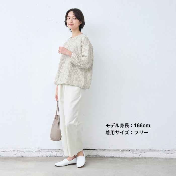 [トレーナーレディースコットン混]ドットジャガードゆったり八分袖トレーナー/40代50代60代女性プルオーバー長袖春秋トップスコットン綿大きめ大きいサイズ