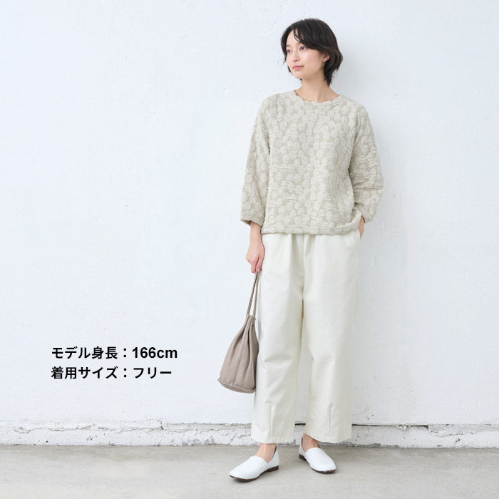 [トレーナーレディースコットン混]ドットジャガードゆったり八分袖トレーナー/40代50代60代女性プルオーバー長袖春秋トップスコットン綿大きめ大きいサイズ