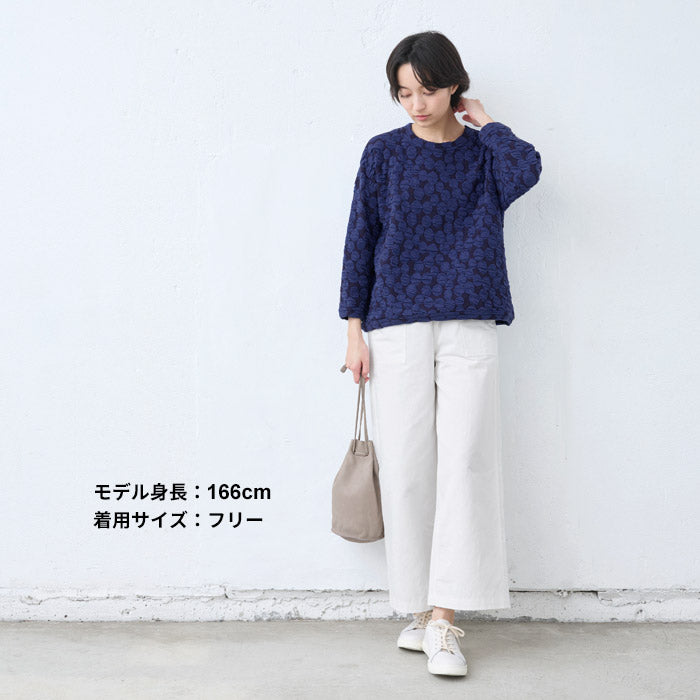 [トレーナーレディースコットン混]ドットジャガードゆったり八分袖トレーナー/40代50代60代女性プルオーバー長袖春秋トップスコットン綿大きめ大きいサイズ