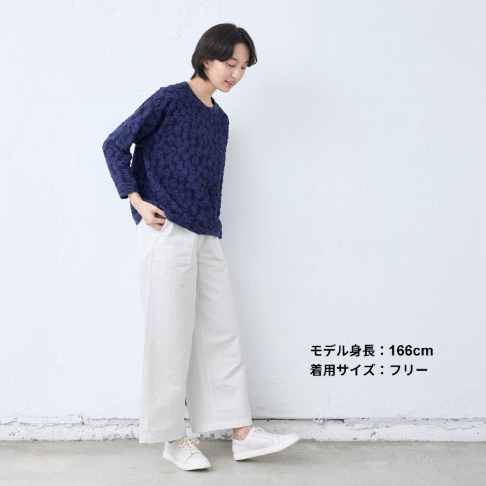 [トレーナーレディースコットン混]ドットジャガードゆったり八分袖トレーナー/40代50代60代女性プルオーバー長袖春秋トップスコットン綿大きめ大きいサイズ